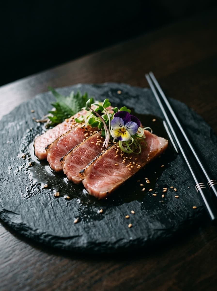 Seared wagyu tataki, sliced and plated