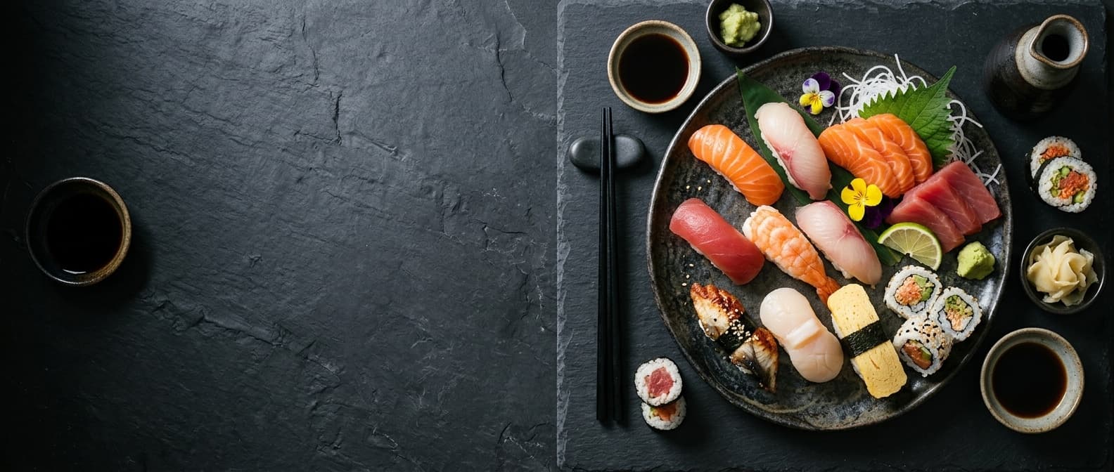 Overhead spread of nigiri, sashimi, and maki