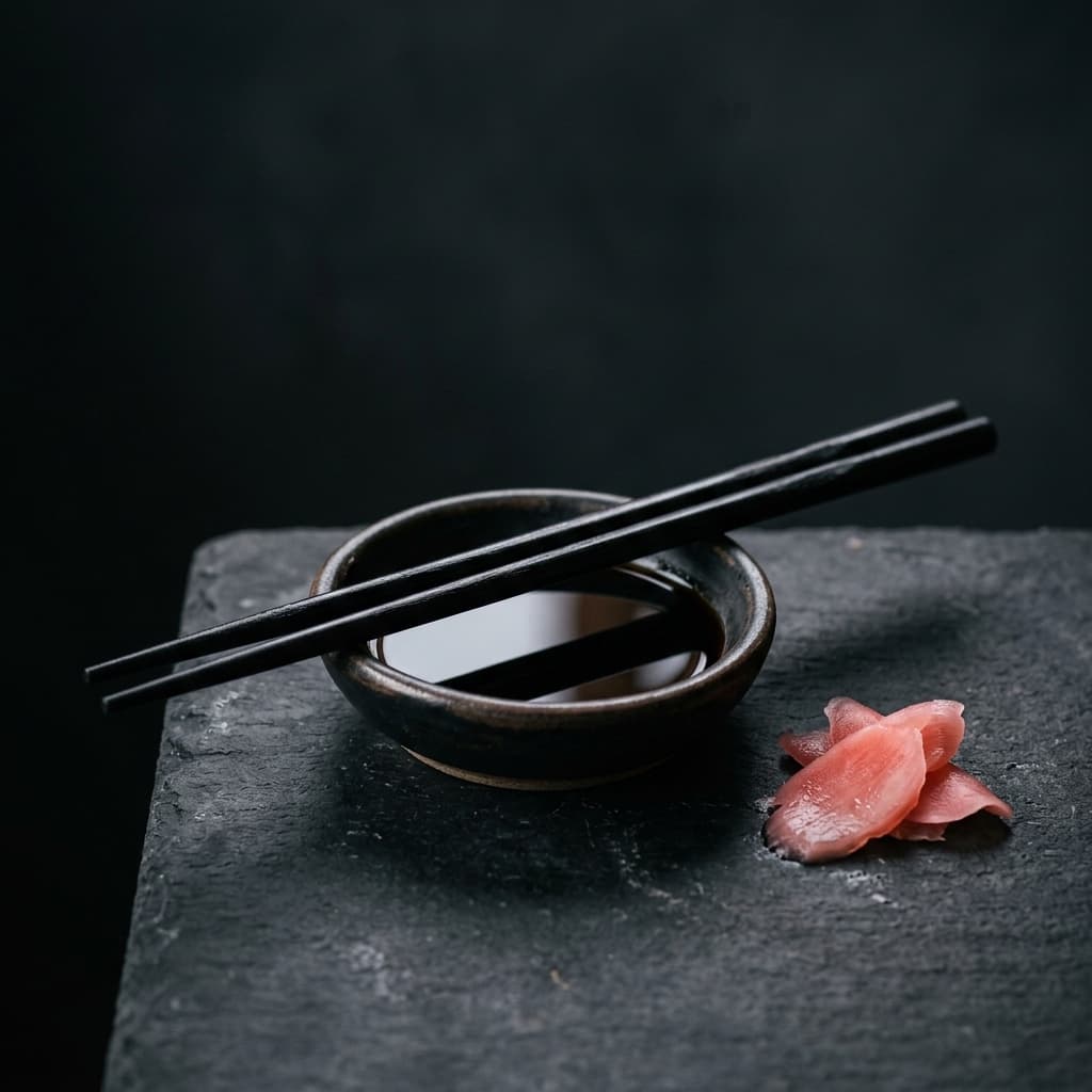 Lacquered chopsticks resting across a soy bowl