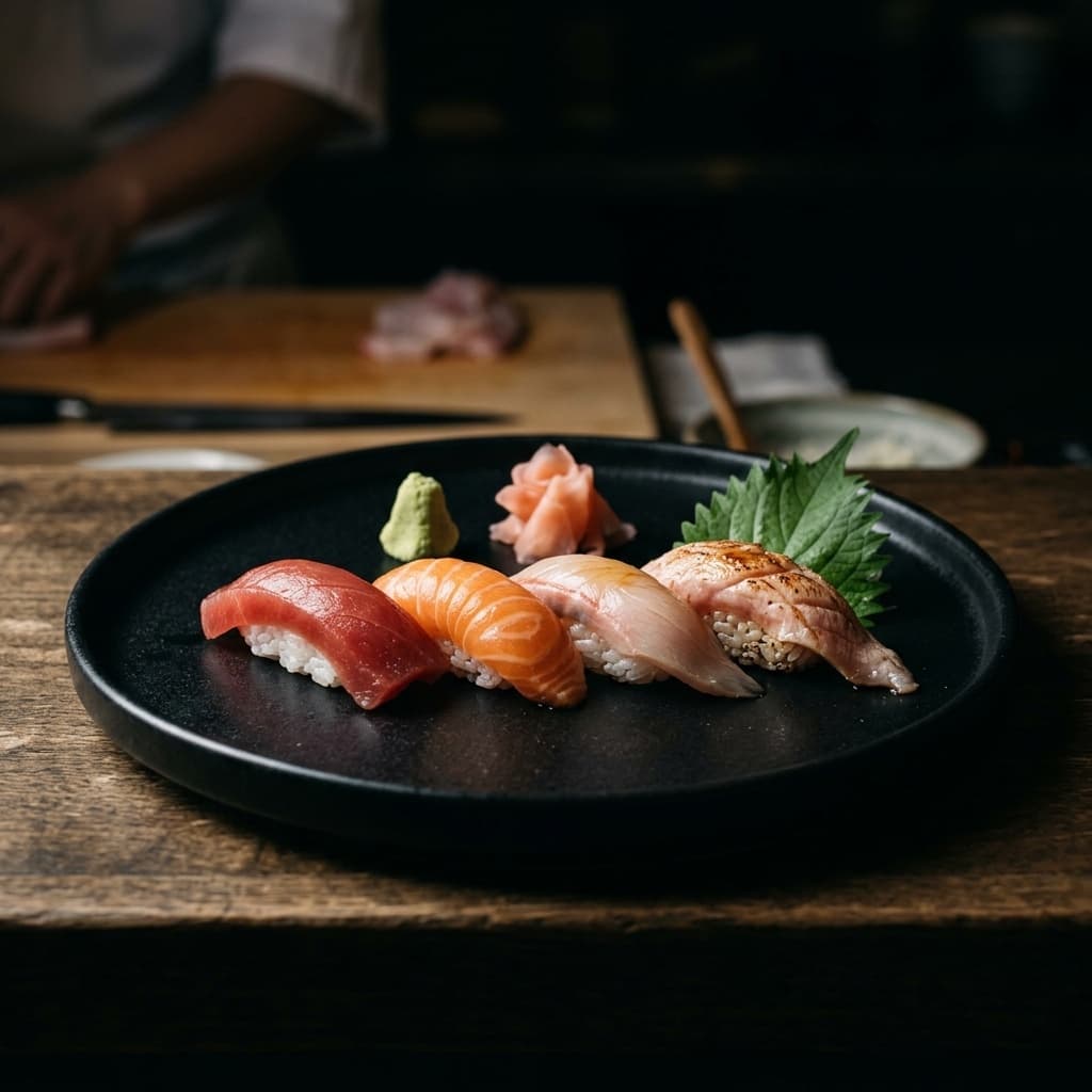 The chef's daily nigiri selection on a matte black plate