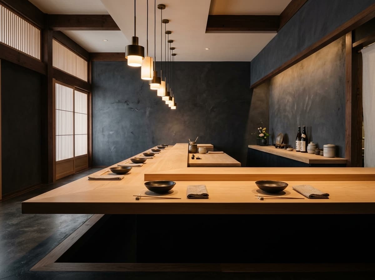 Miru's eight-seat cypress counter under low pendant lights